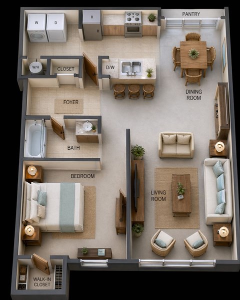 Floor plan for 1 bed, 1 bath, 814 sqft